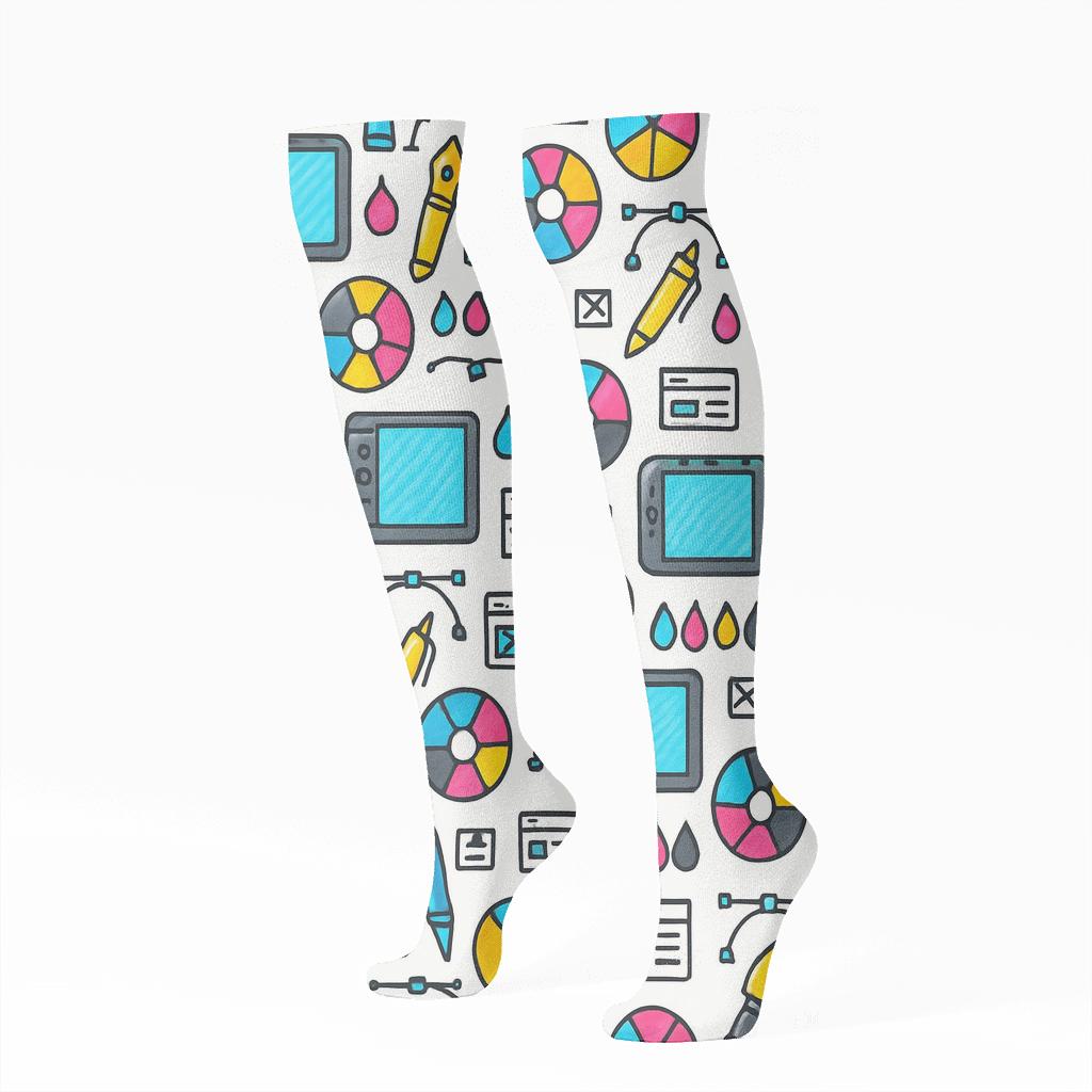 Graphic Designer Pattern Grid Of Creative Tools custom knee-high socks