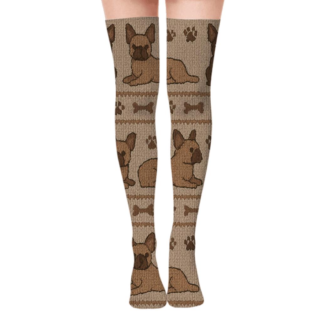 Cozy Knitted French Bulldog Rows designer print over-the-knee socks
