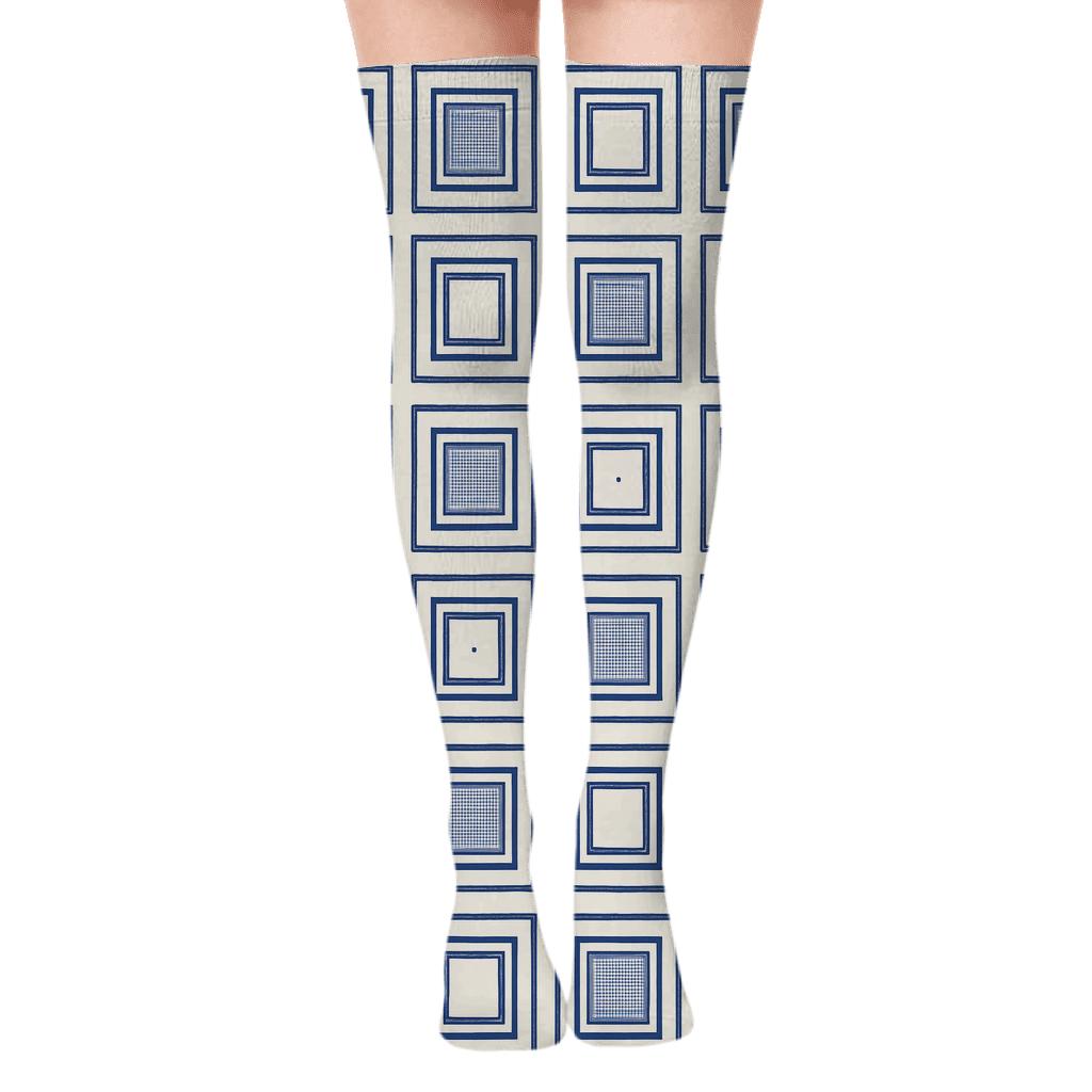 Nested Indigo Grid Blocks On Soft White soft everyday over-the-knee socks