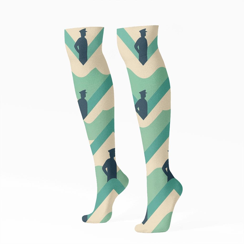 Wave Chevron With Coast Guard Officer Silhouettes unique graphic knee-high socks