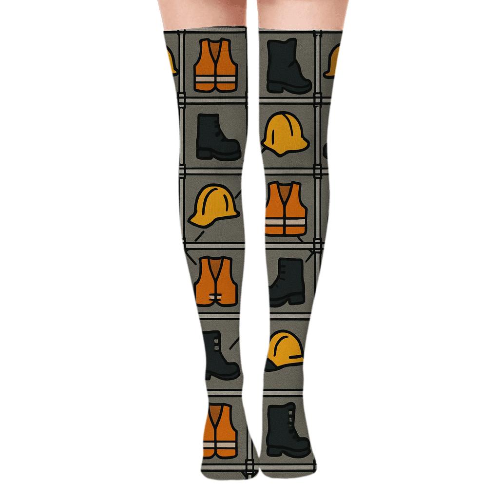 Scaffold Rhythm Grid With Construction Worker Motifs designer print over-the-knee socks