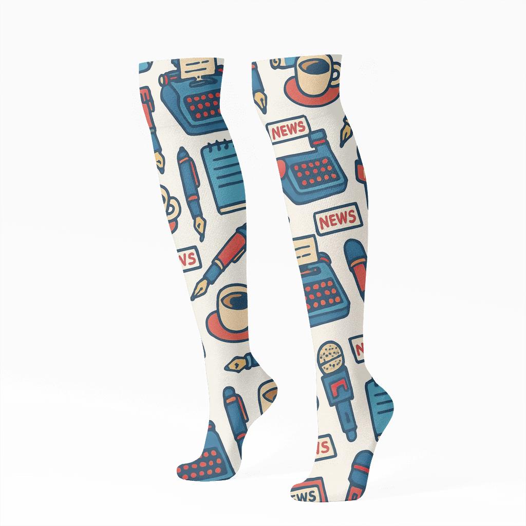 Skyroom Press Grid With Journalist Icons soft everyday knee-high socks