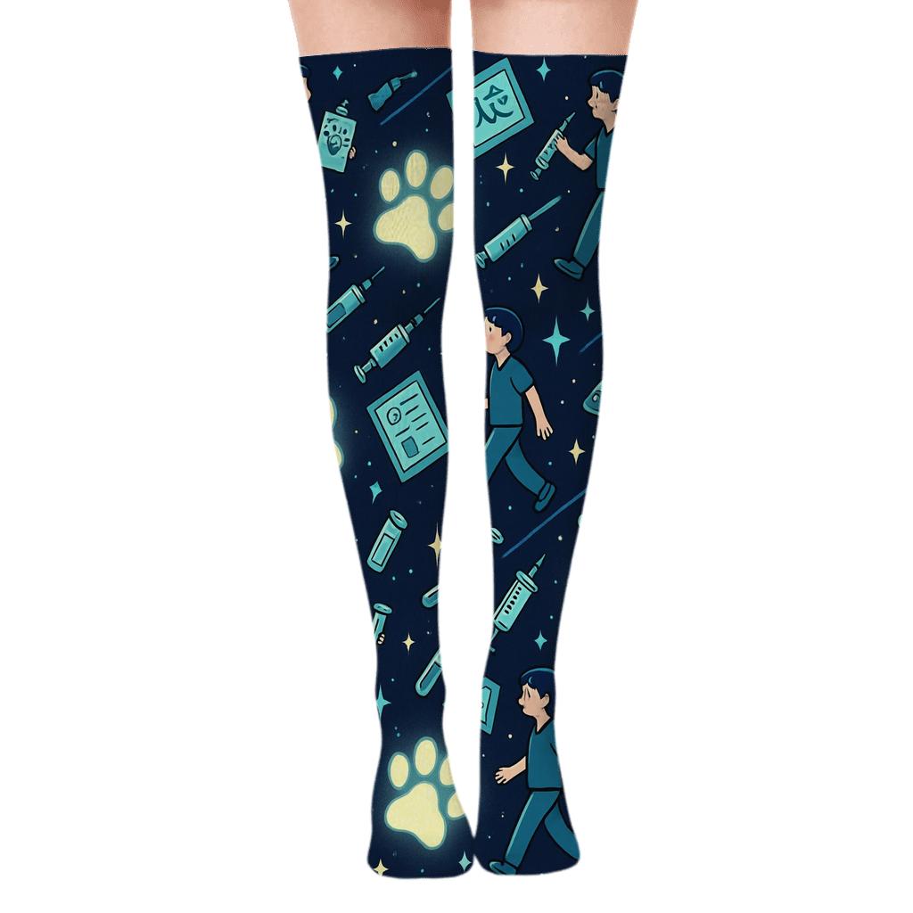 Veterinary Technician Night Shift Paw Constellation unique graphic over-the-knee socks