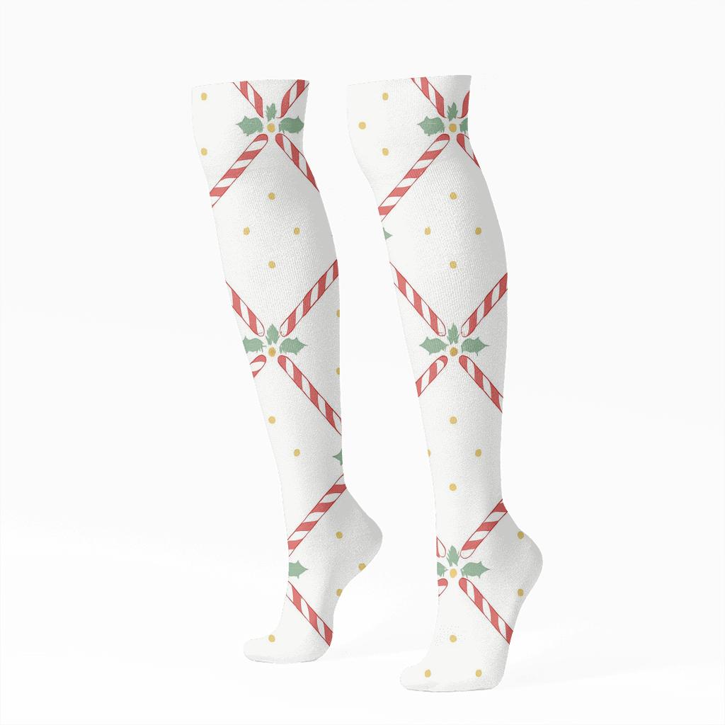 Candy Canes Frost Lattice On Winter White unique graphic knee-high socks