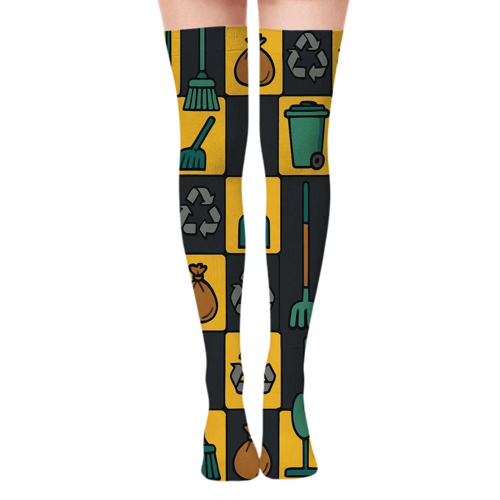 Sunflower Grid Of Sanitation Worker Tools Pattern premium cozy over-the-knee socks
