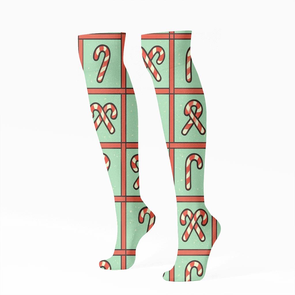 Frosted Ribbon Grid With Candy Canes Motifs unique graphic knee-high socks