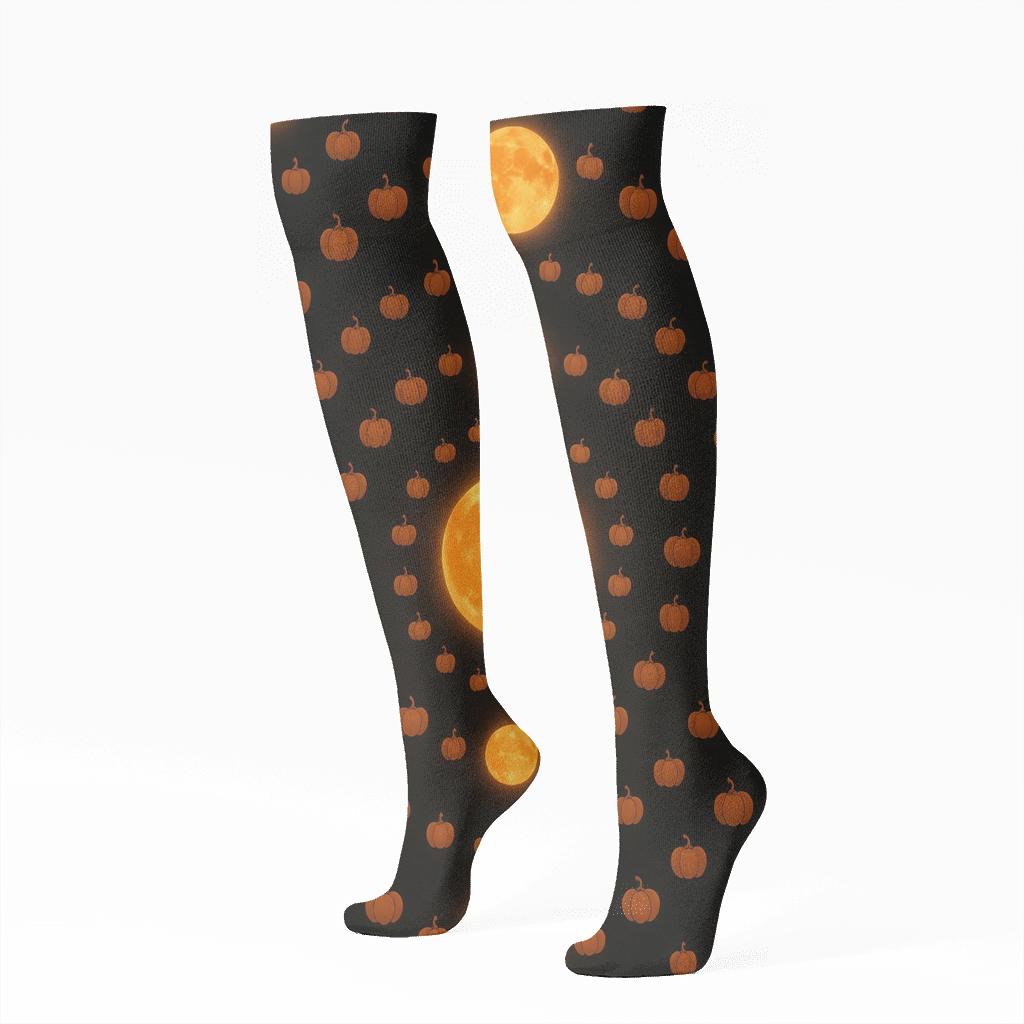 Concentric Harvest Moon Rings With Pumpkin Orbits On Black premium sports knee-high socks