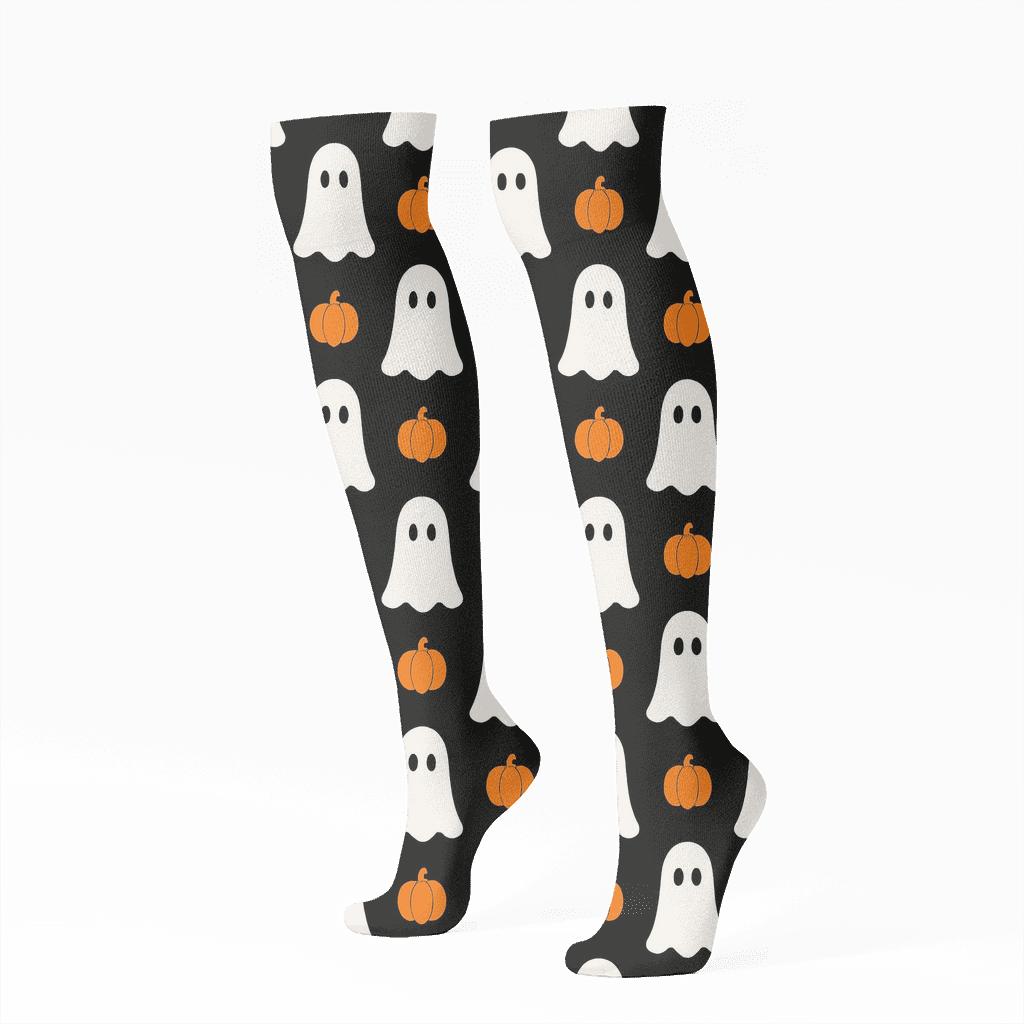 Ghost Silhouette Grid With Pumpkin Accents On Black stylish athletic knee-high socks