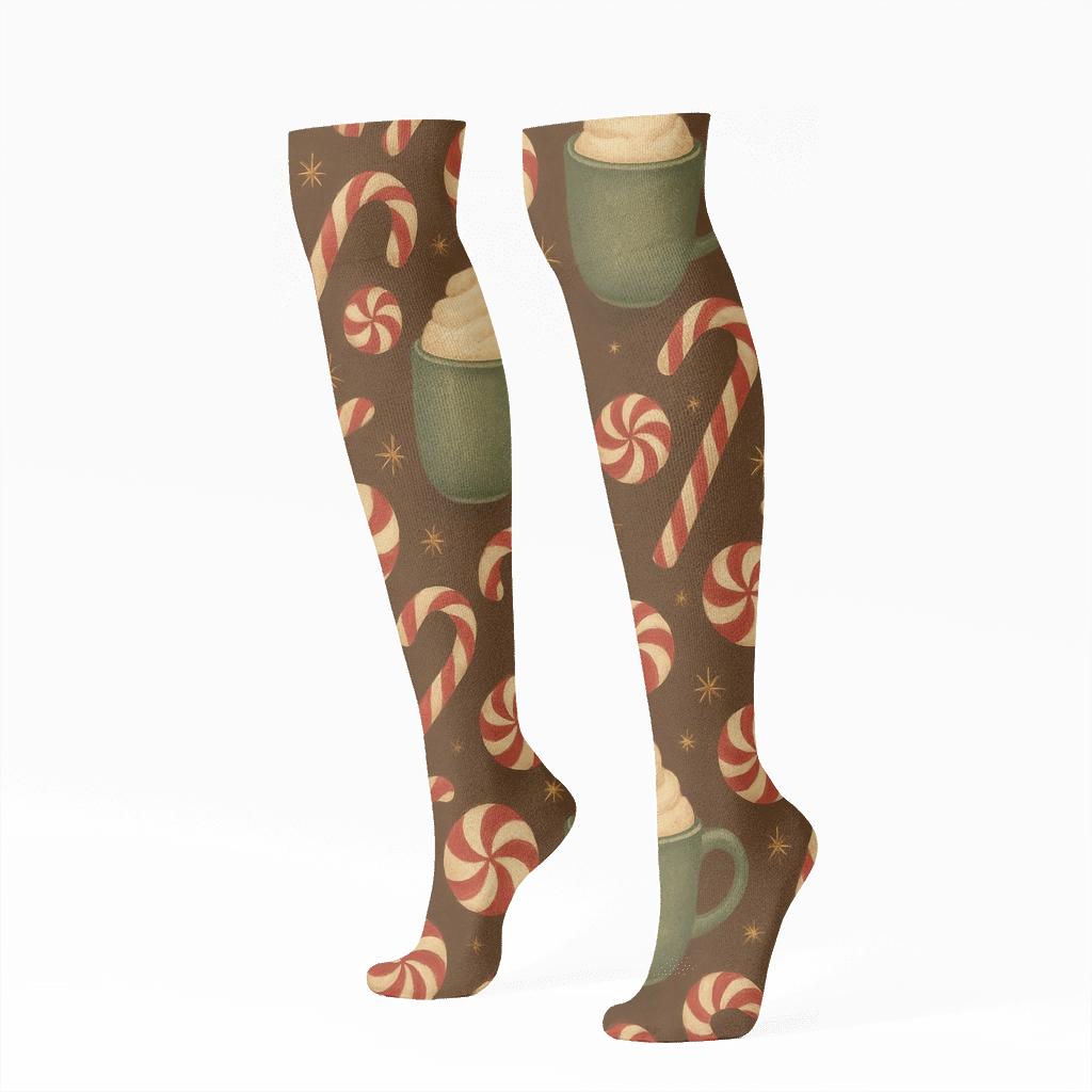 Holiday Collage Of Candy Canes And Cocoa custom knee-high socks