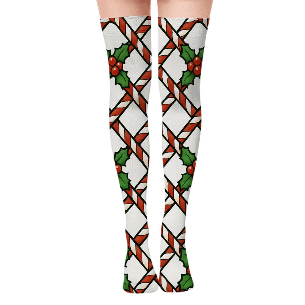 Candy Cane Lattice With Christmas Charm comfortable cotton over-the-knee socks