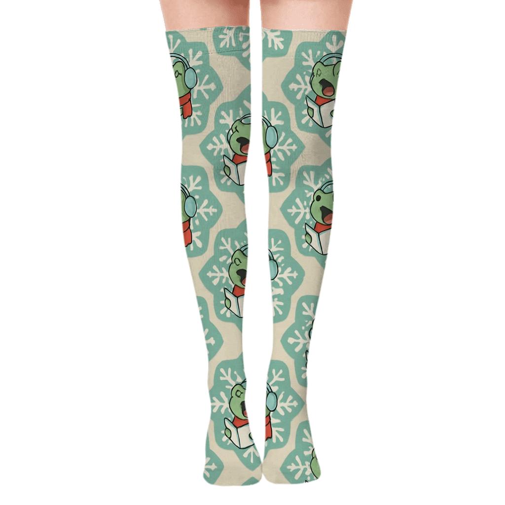 Frog Caroler Snowflake Medallions comfortable cotton over-the-knee socks