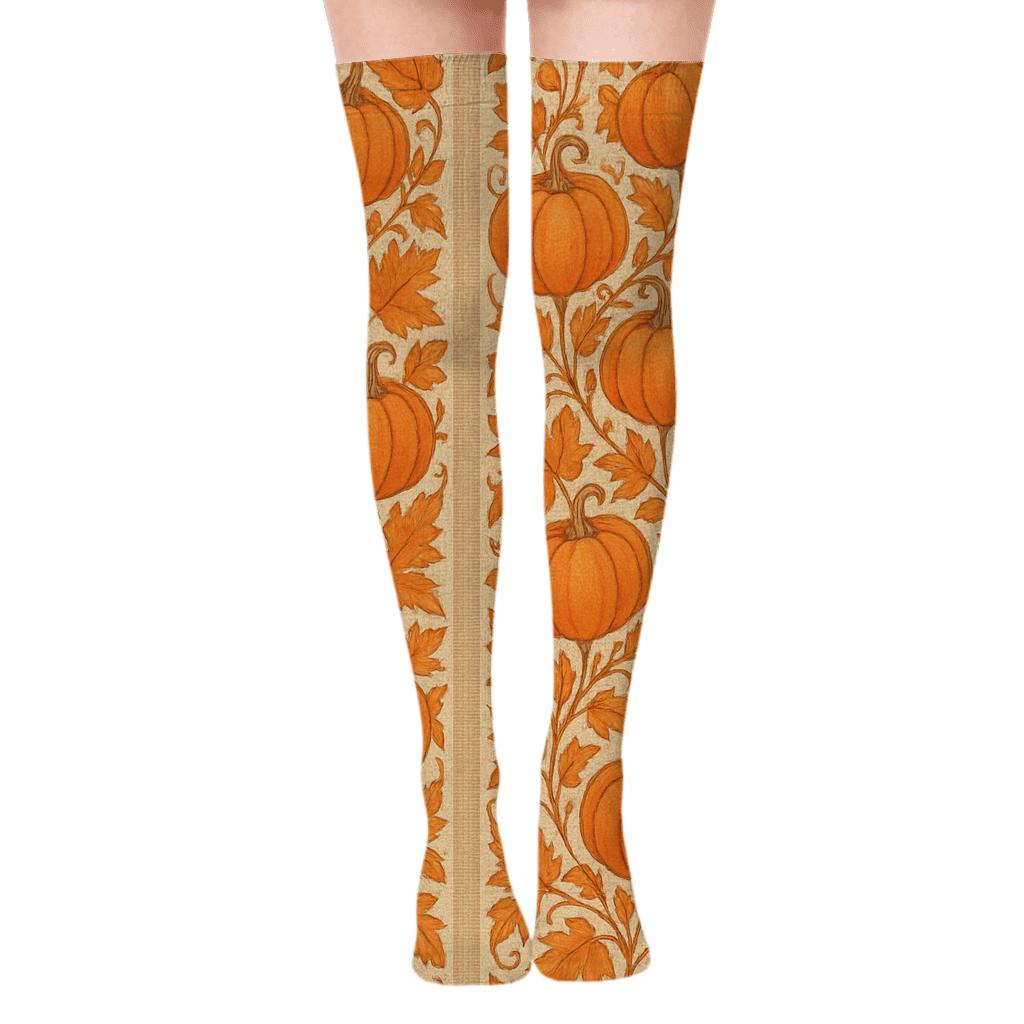 Autumn Pumpkin Leaf Stripe On Proper Neutral Background comfortable cotton over-the-knee socks