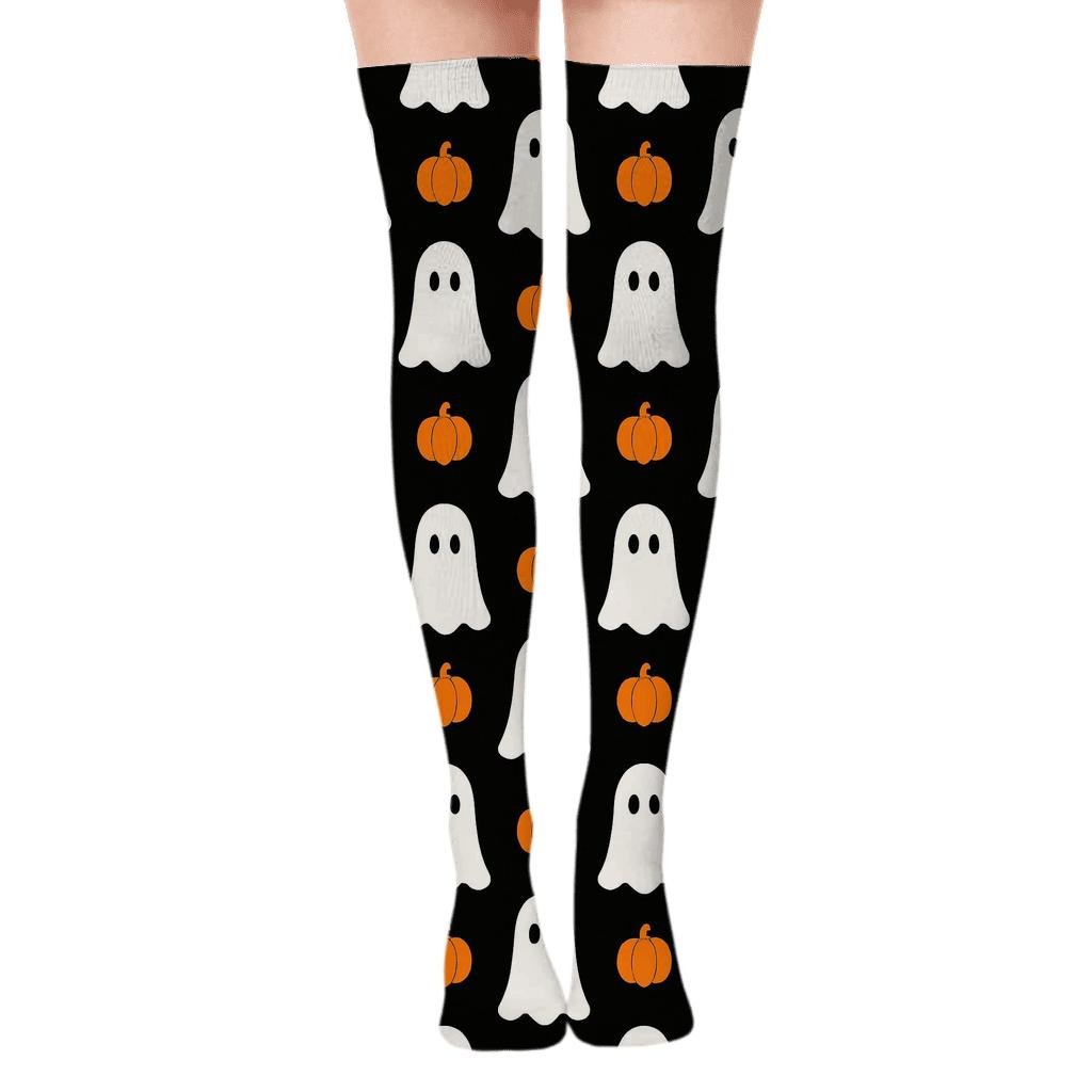 Ghost Silhouette Grid With Pumpkin Accents On Black unique graphic over-the-knee socks