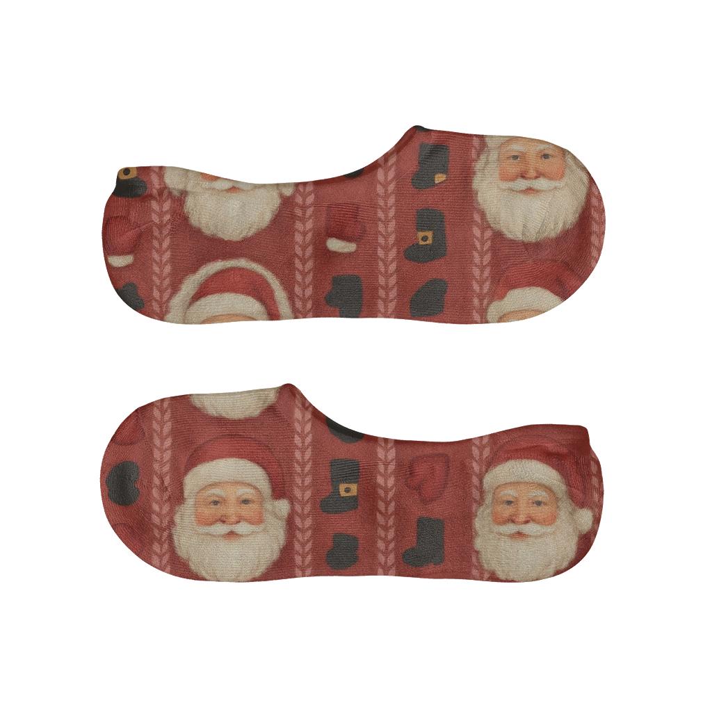 Crimson Chimney Stripe With Santa Face Medallions soft cotton no-show socks