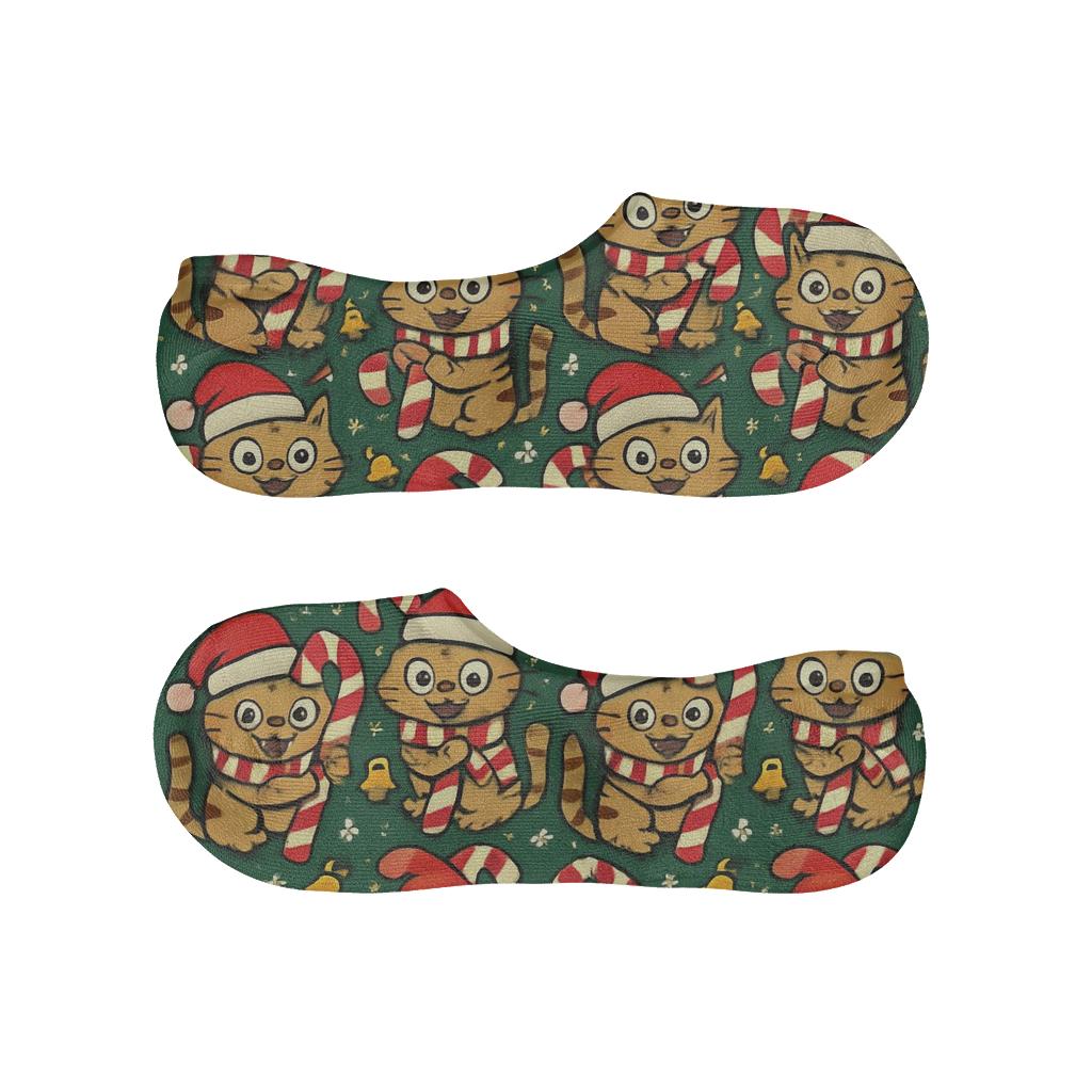 Candy Cane Caroling Cats Grid On Evergreen custom no-show socks