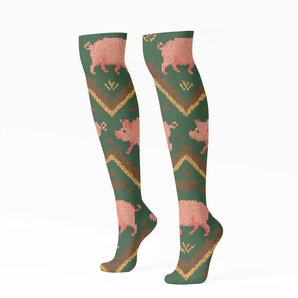 Pig Parade In Muddy Chevron Stripes soft everyday knee-high socks