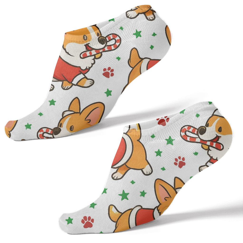 Santa Corgi Candy Cane Parade trendy patterned ankle socks