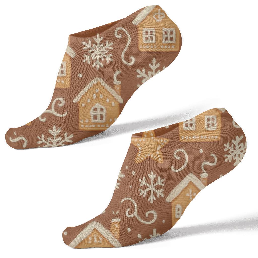 Gingerbread Village Xmas Tiles On Cocoa Brown comfortable cotton ankle socks