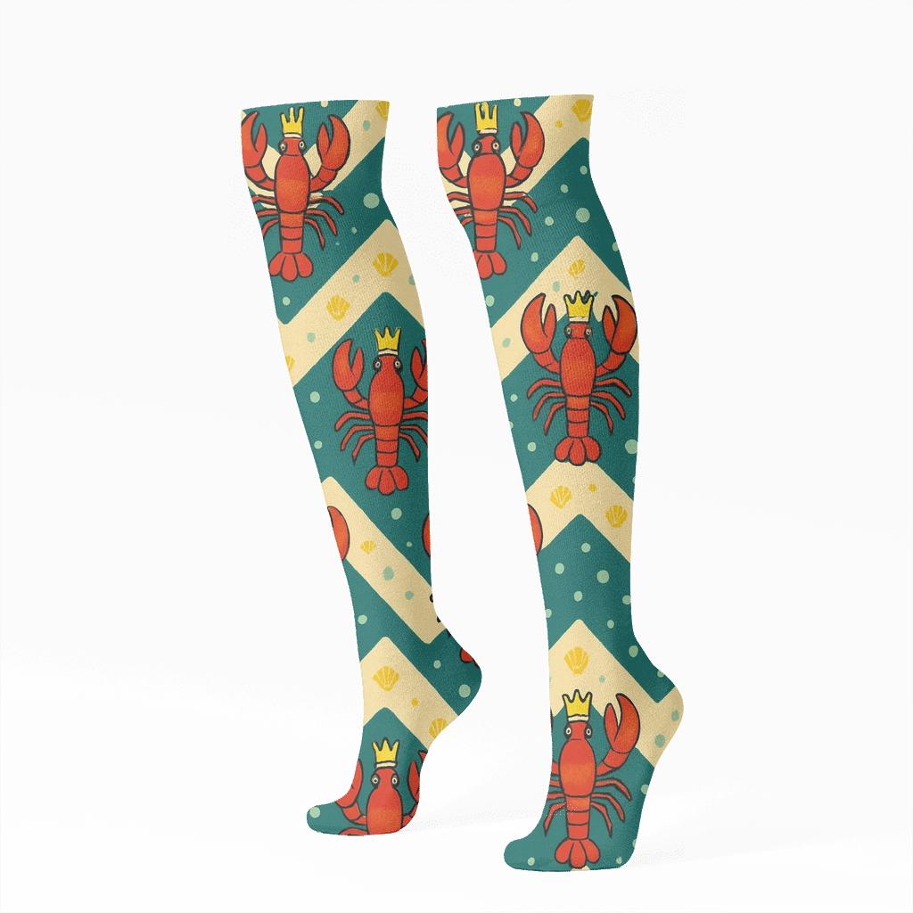 Lobster Crown Chevron Parade trendy patterned knee-high socks
