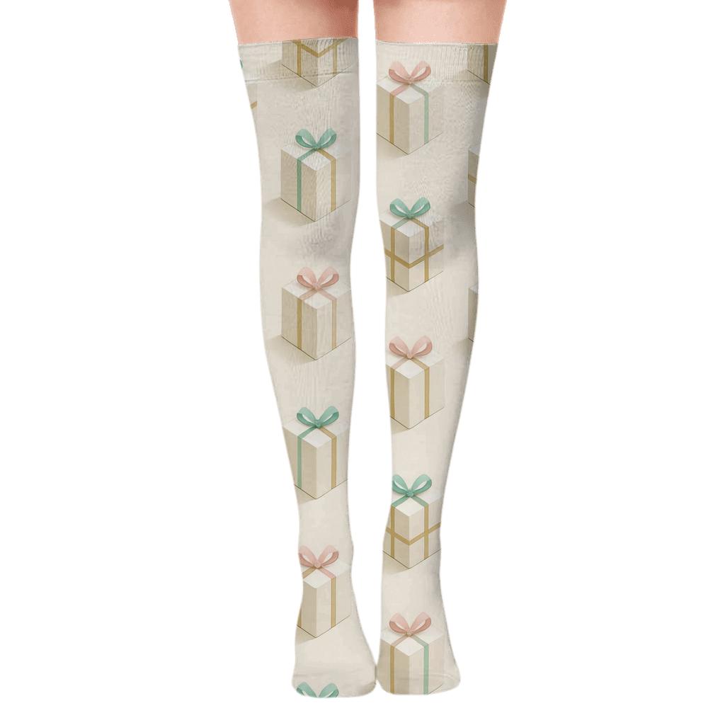 Golden Banded Gift Boxes With Presents Glow custom over-the-knee socks