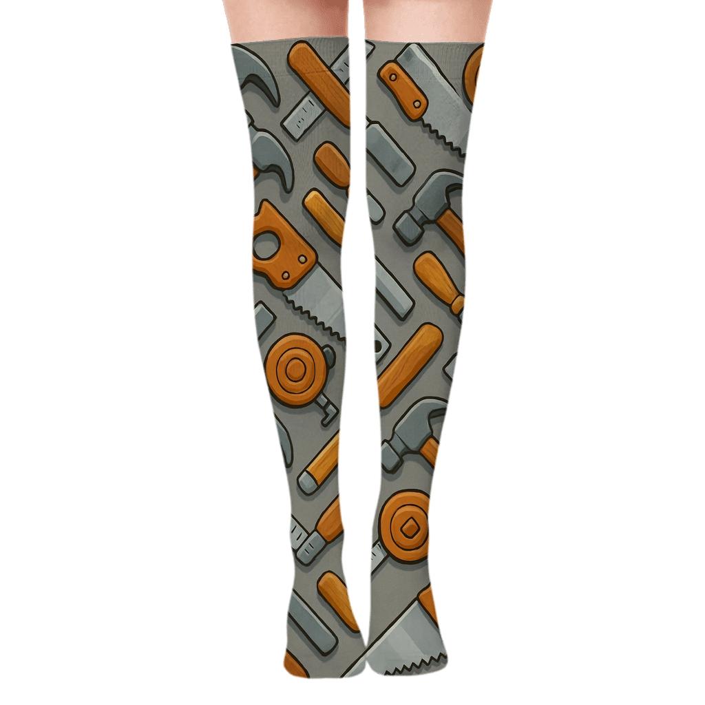 Carpenter Tool Lattice Over Walnut Workshop Grid premium cozy over-the-knee socks