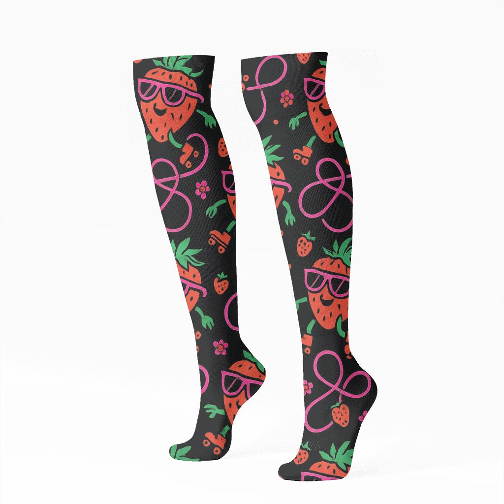 Midnight Strawberry Skaters All Over Pattern personalized knee-high socks