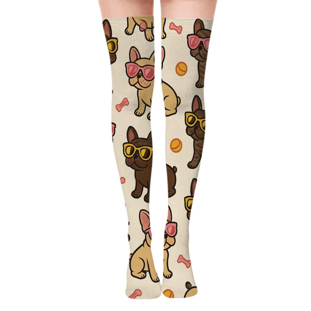 Sunny French Bulldog Sunglasses Scatter On Pastel Cream trendy patterned over-the-knee socks
