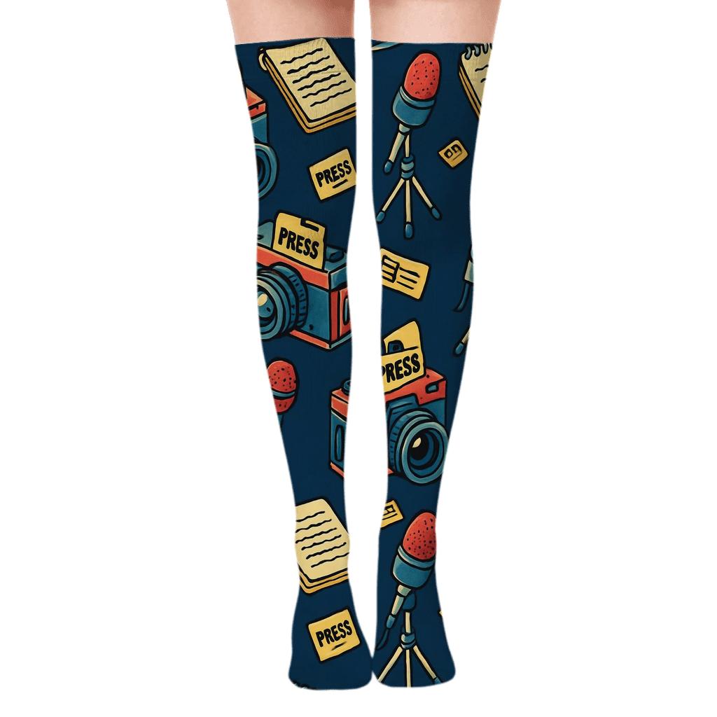 Midnight Newsroom Grid With Reporter Rhythm personalized over-the-knee socks