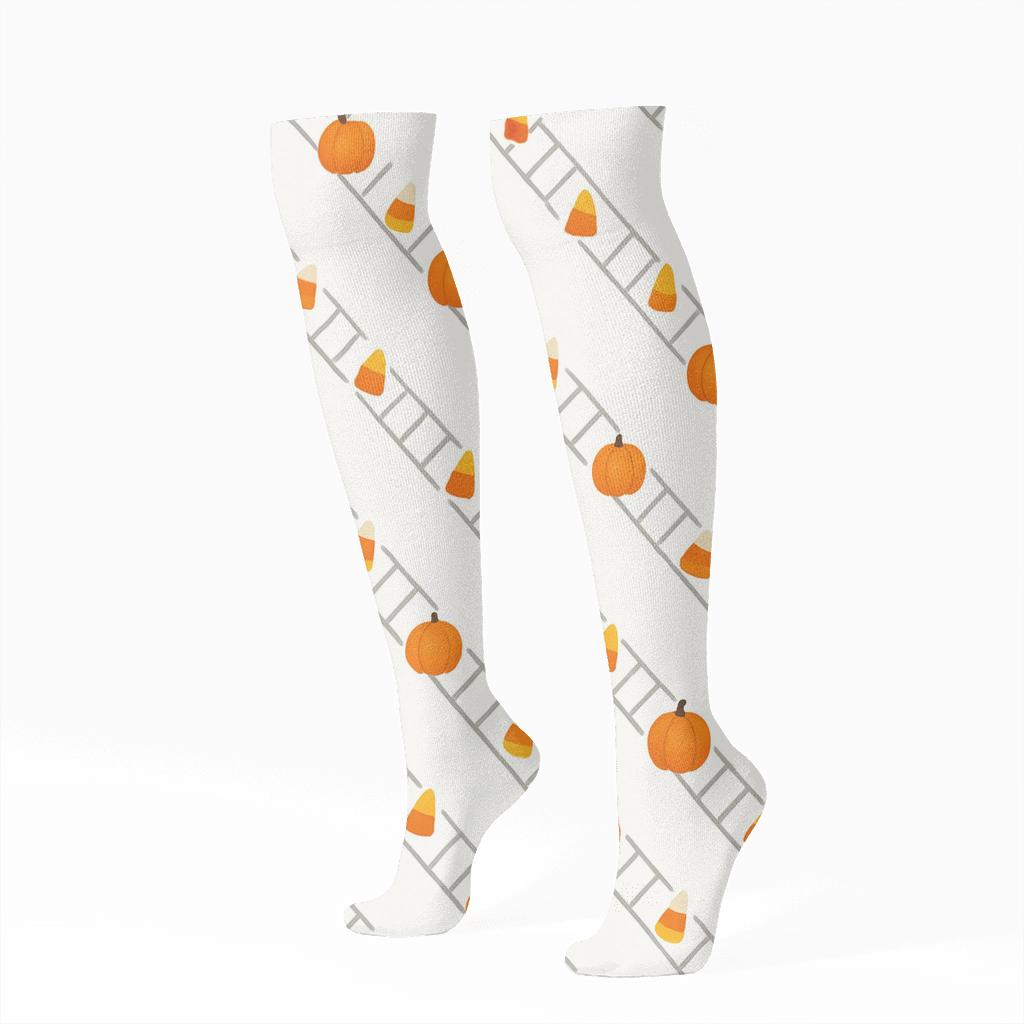 Candy Corn And Pumpkin Diagonal Ladder On White Background comfortable cotton knee-high socks