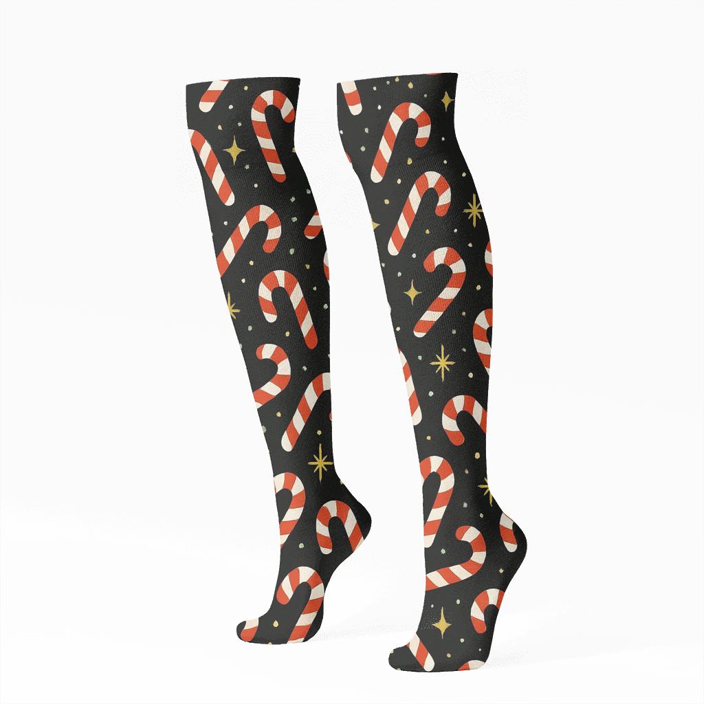 Midnight Sprinkle Field With Mini Candy Canes unique graphic knee-high socks