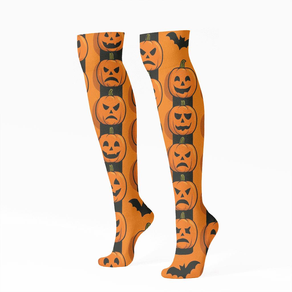 Stacked Pumpkin Totem Columns On Orange Background soft everyday knee-high socks