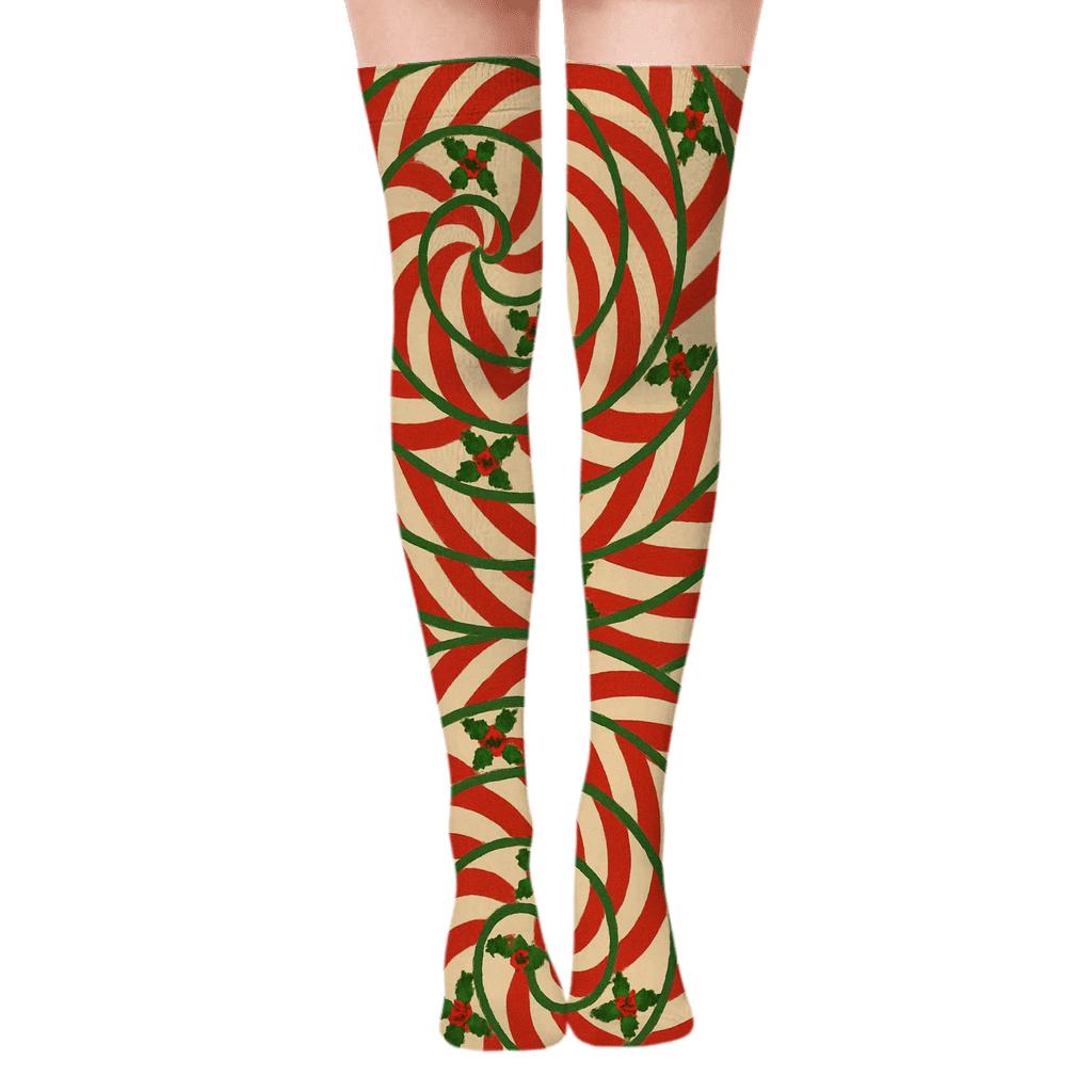 Candy Cane Spiral Bands Christmas Edition stylish fashion over-the-knee socks