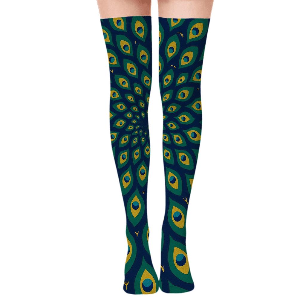 Peacock Eye Feather Spiral Array On Indigo designer print over-the-knee socks