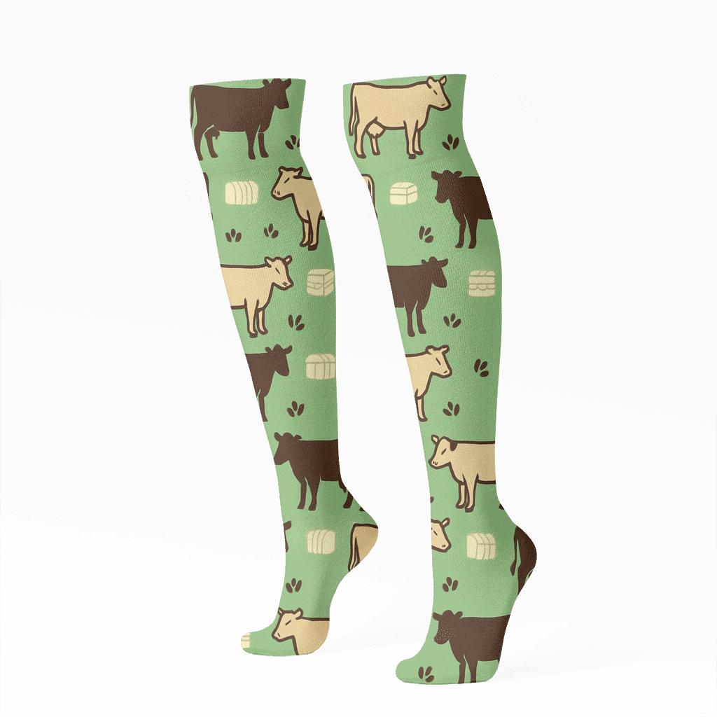 Pasture Rhythm Grid With Cow Silhouettes comfortable cotton knee-high socks