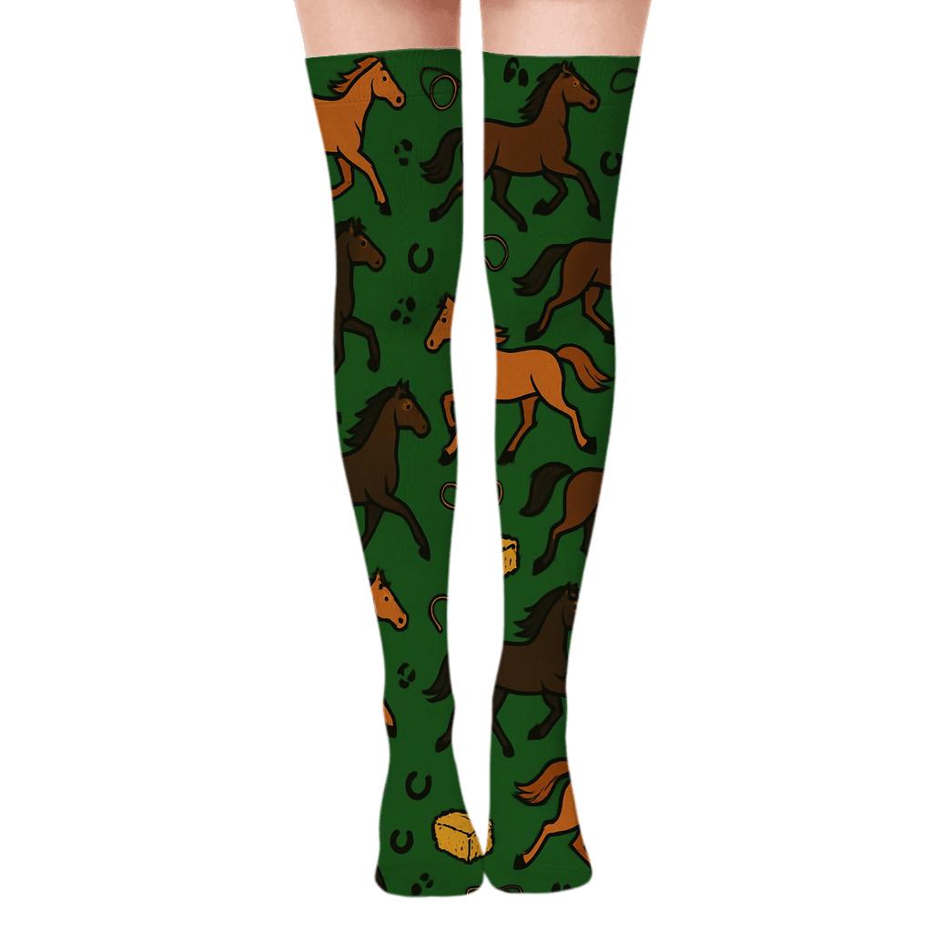 Pasture Rhythm With Horse Silhouettes designer print over-the-knee socks