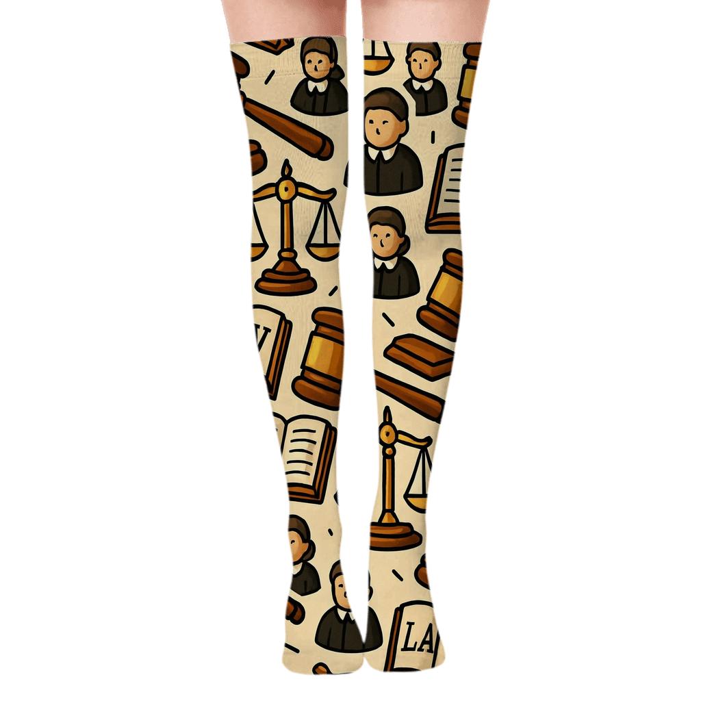 Gavel And Scales Grid With Judge Motifs comfortable cotton over-the-knee socks