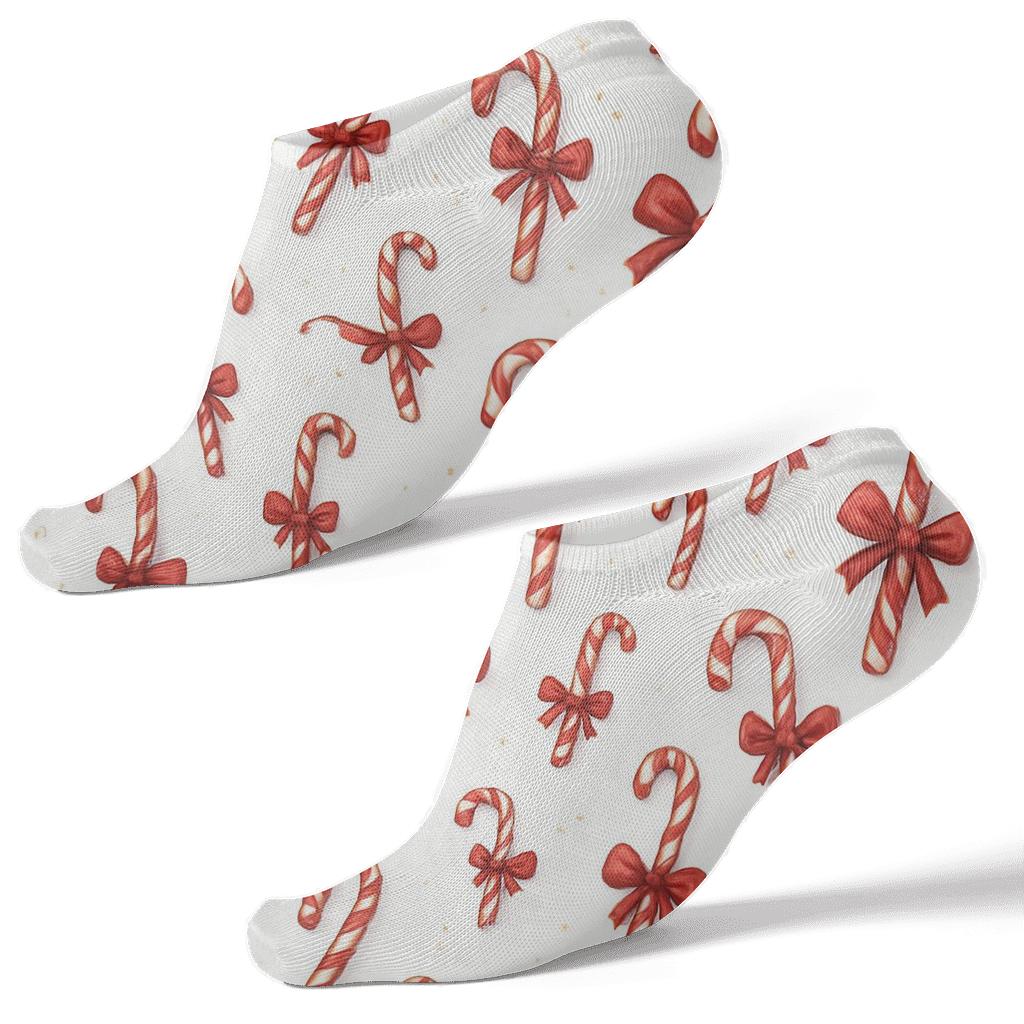 Snowfield Scatter Of Ribbon Wrapped Candy Canes designer print ankle socks