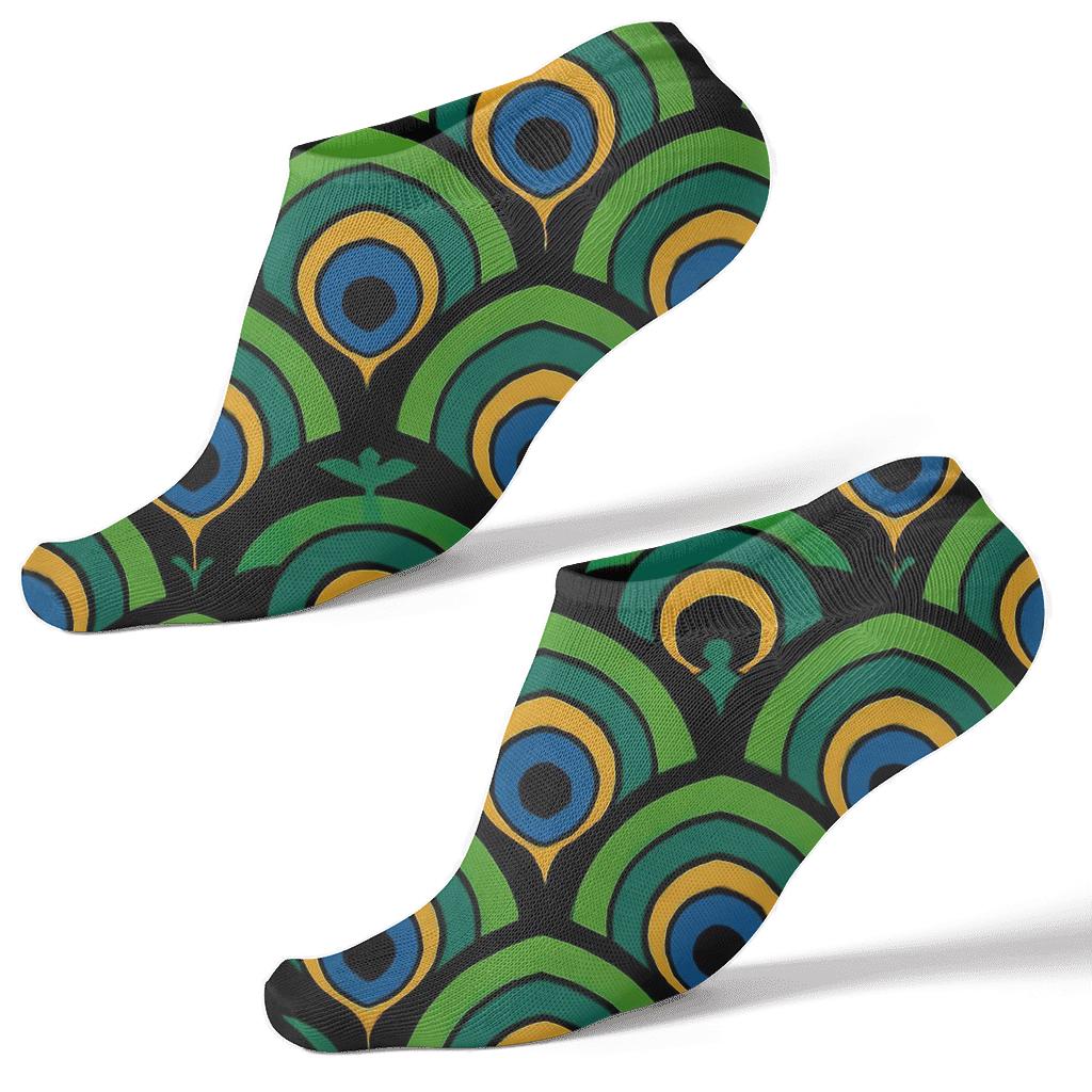 Peacock Feather Fan Tessellation On Midnight Black premium sports ankle socks