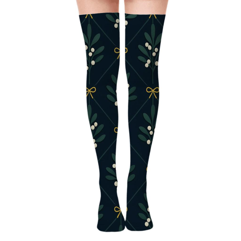 Mistletoe Garland Lattice On Midnight Blue personalized over-the-knee socks