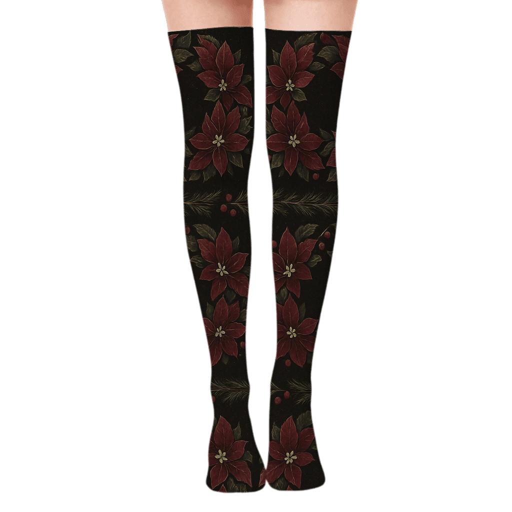 Burgundy Poinsettia Wreath Bands On Night Black unique graphic over-the-knee socks
