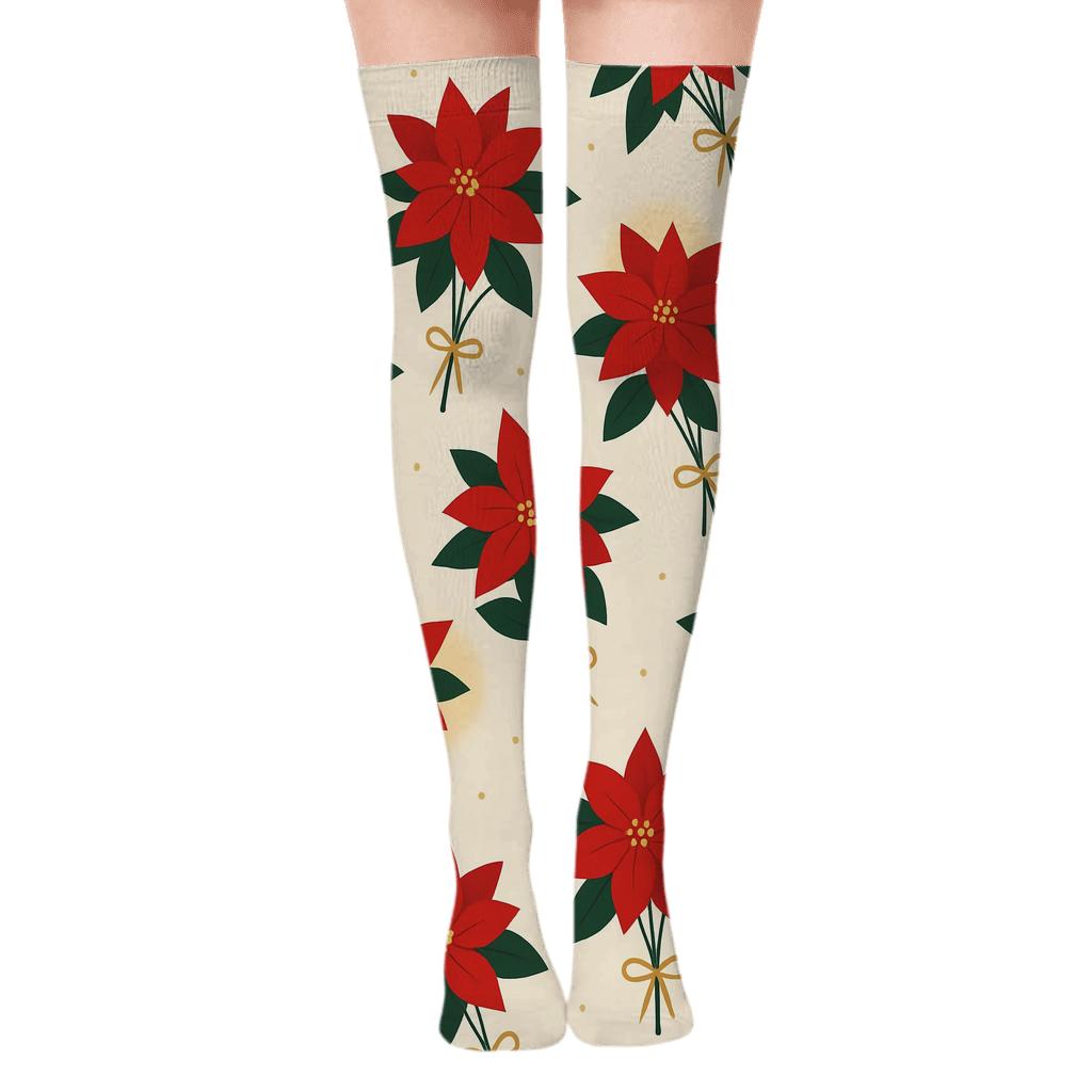 Candlelit Poinsettia Bouquet Scatter On Ivory premium cozy over-the-knee socks
