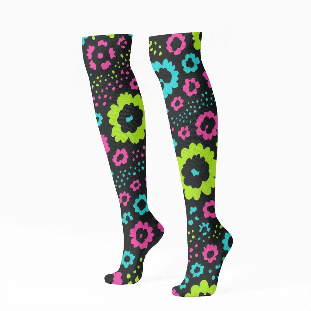 Neon Rosette Cascade On Midnight Field stylish athletic knee-high socks