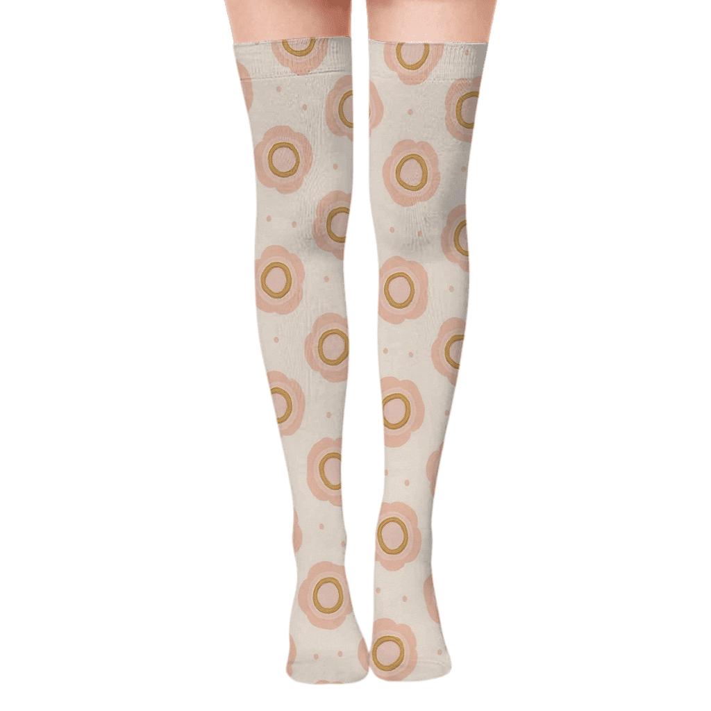 Blush Rosette Lattice On Soft Ivory designer print over-the-knee socks