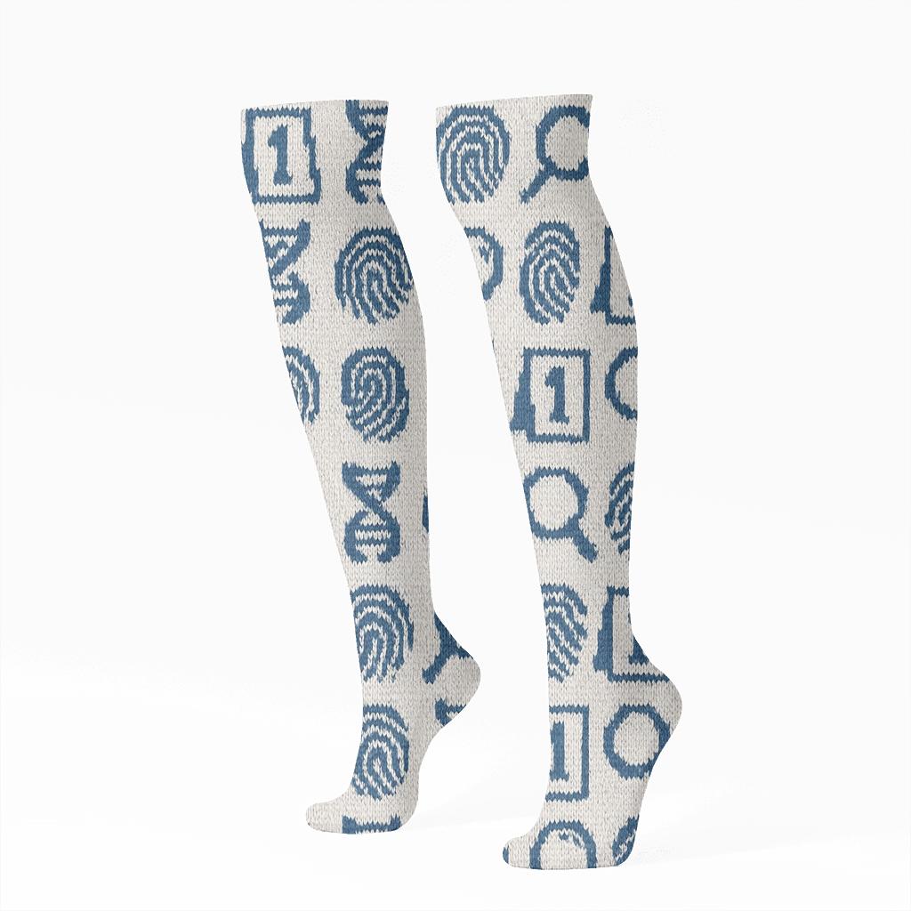 Nebula Grid Evidence Pattern With Forensic Scientist Detail designer print knee-high socks