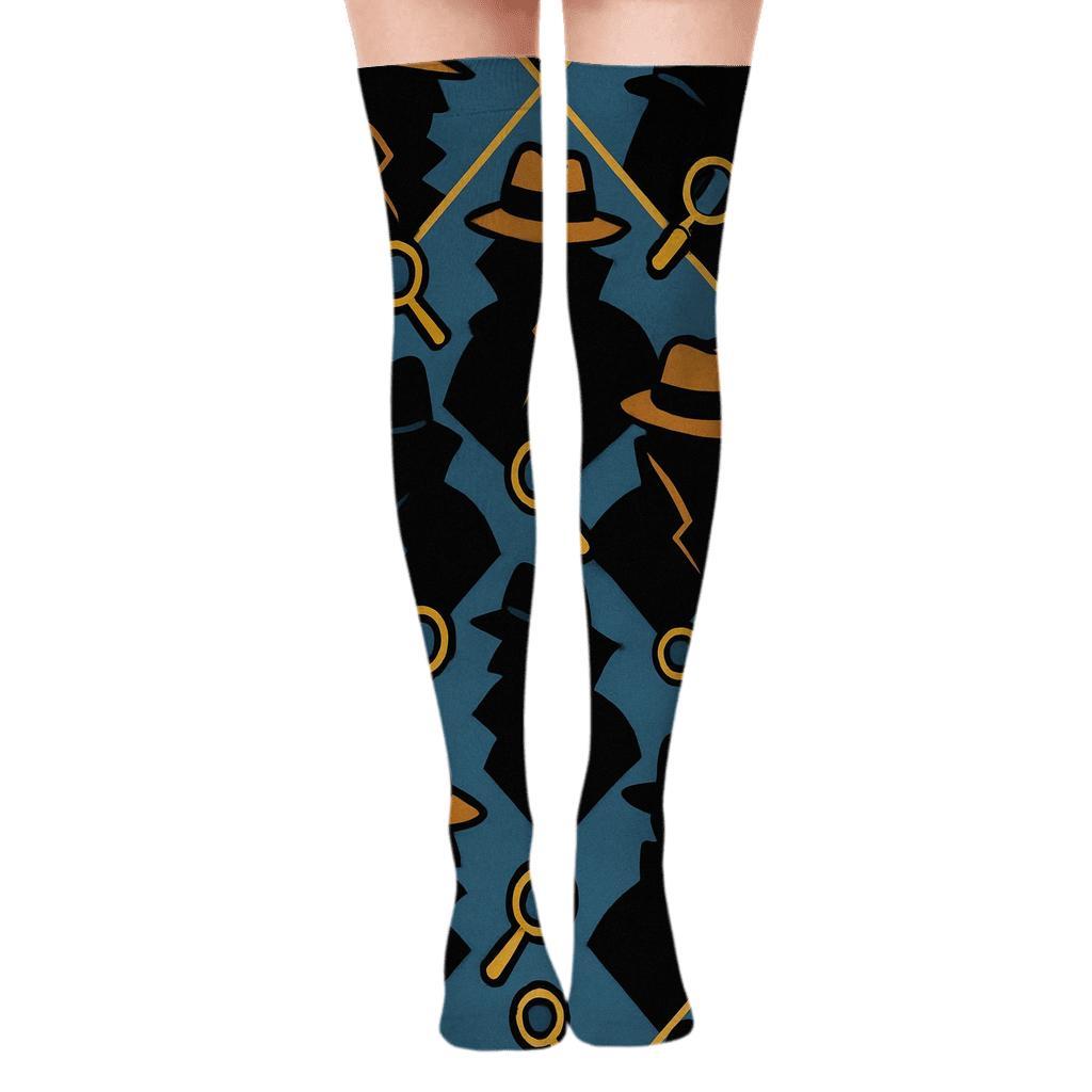 Police Detective Silhouette Lattice On Charcoal Night designer print over-the-knee socks