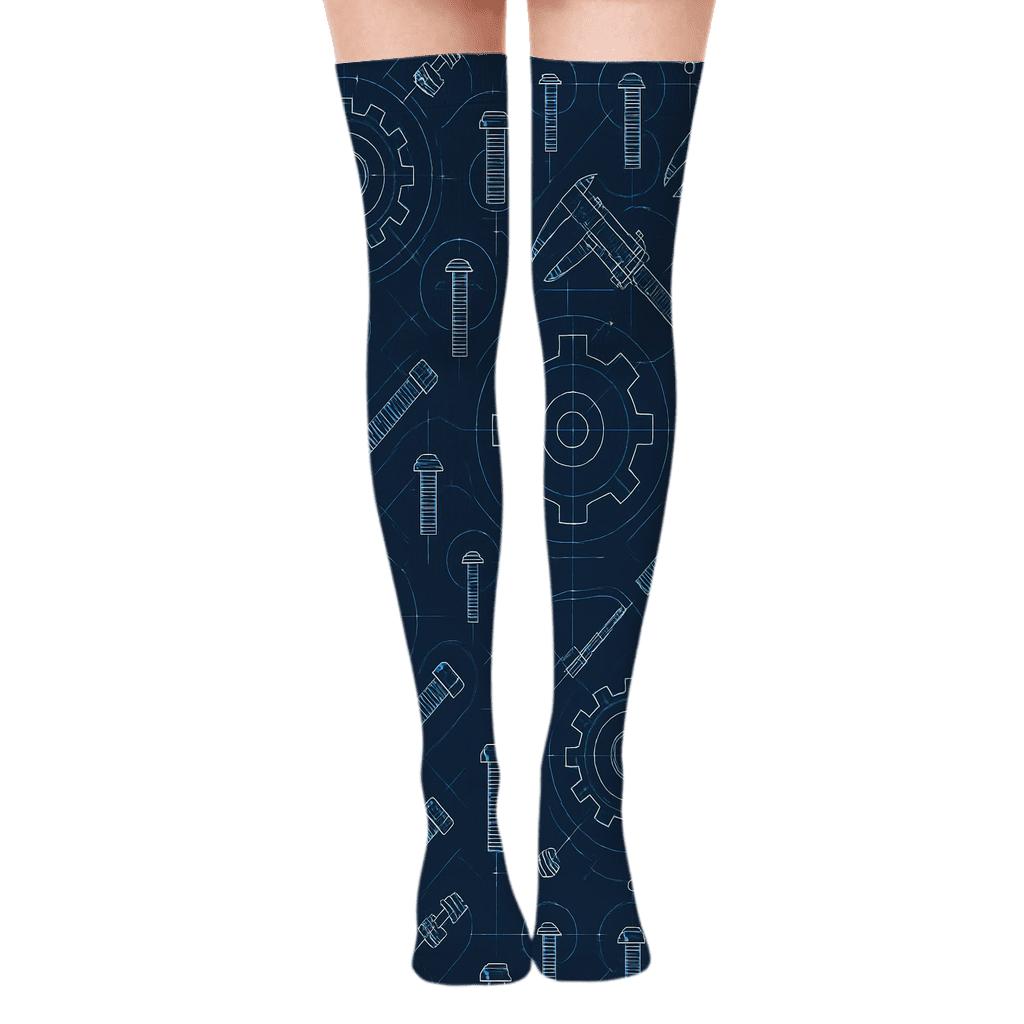 Gear Blueprint Lattice For Mechanical Engineer Precision unique graphic over-the-knee socks