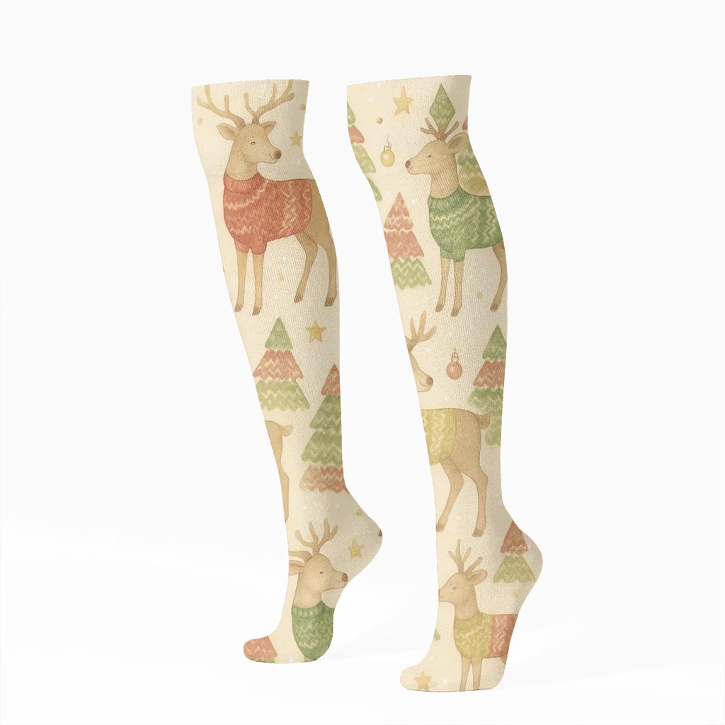 Watercolor Reindeer Sweater Forest unique graphic knee-high socks