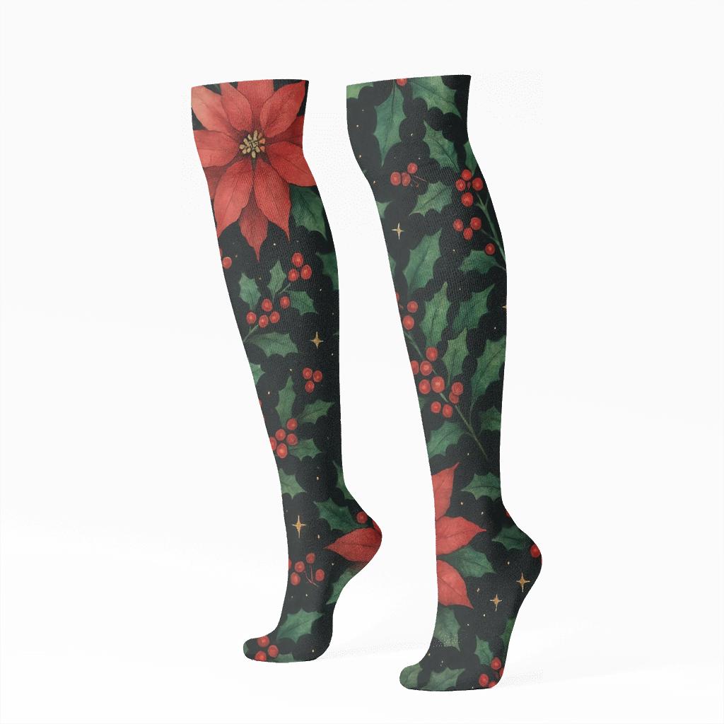 Starlit Poinsettia Nebula Pattern soft everyday knee-high socks