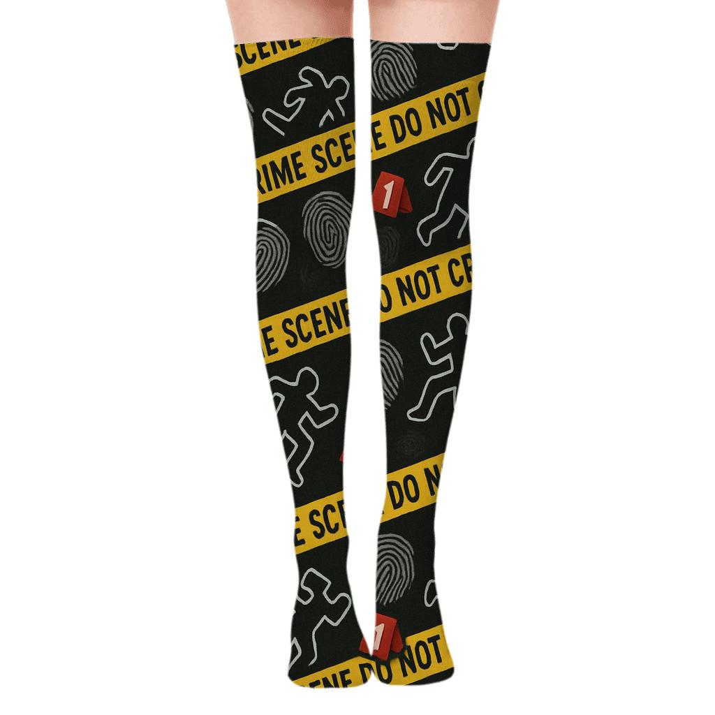 Crime Scene Investigator Evidence Tape Bands On Charcoal designer print over-the-knee socks