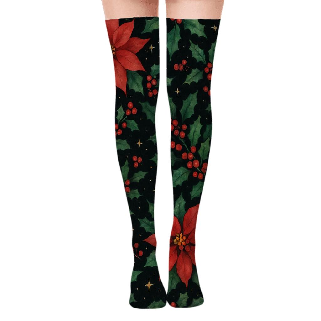 Starlit Poinsettia Nebula Pattern custom over-the-knee socks
